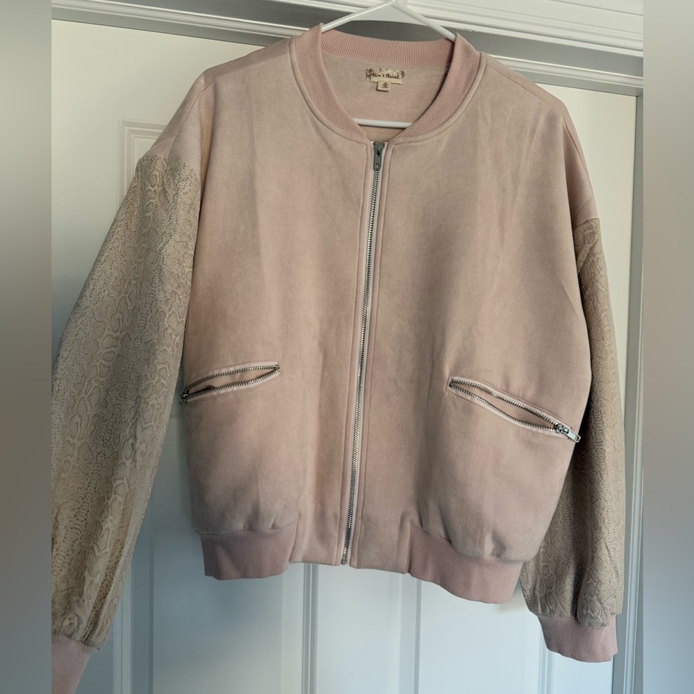 hem and thread pink bomber jacket with snakeskin sleeves